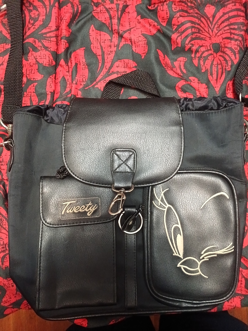 Vintage Looney Tunes Tweety Bird Black Faux Leather Mini Backpack 90s Y2K